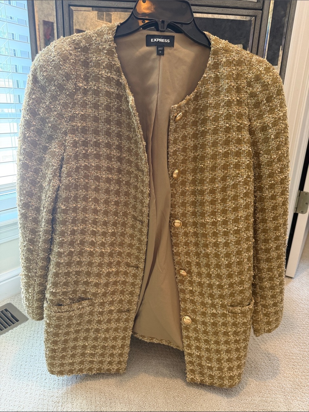 Express Olive-Green Tweed Collarless Blazer with Gold Buttons